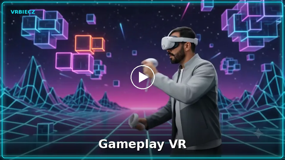 Mężczyzna w goglach Meta Quest 3 gra w neonowym świecie VR — gameplay